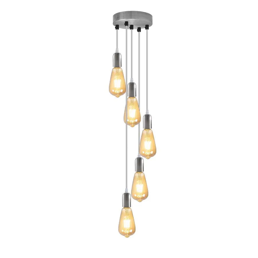 5-Light Cluster Pendant – Chrome or Satin Nickel, 95 cm Drop, E27 - Satin Nickel, No Shade, 5 x ST64 Bulbs