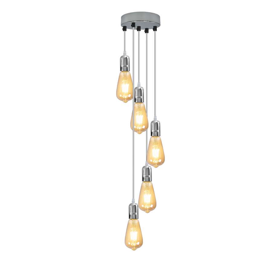 5-Light Cluster Pendant – Chrome or Satin Nickel, 95 cm Drop, E27 - Chrome, No Shade, 5 x ST64 Bulbs