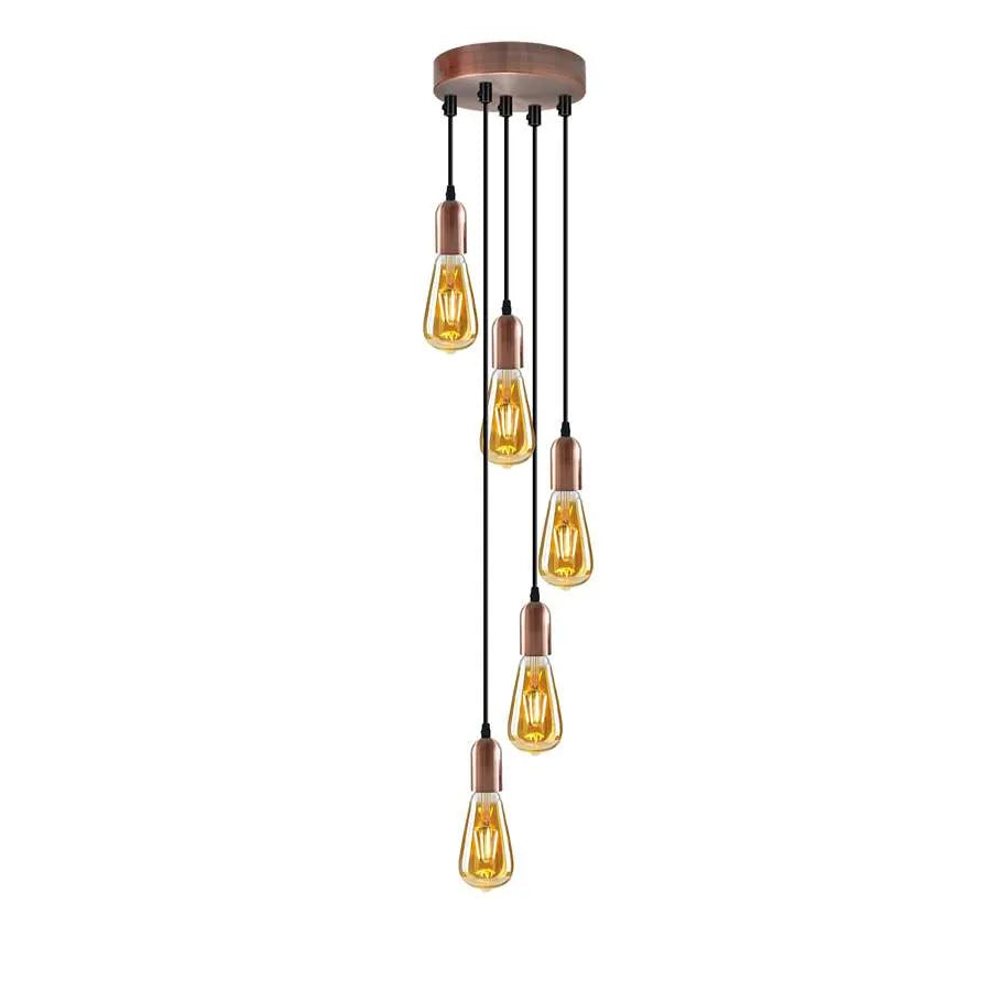 5-Light Cluster Pendant – 120 mm Rose, Adjustable Drops, E27 - Copper, No Shade, ST64 Bulb