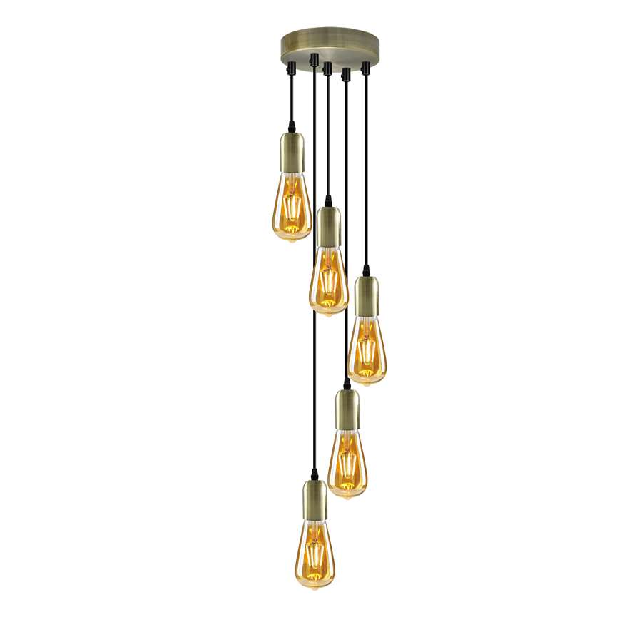 5-Light Cluster Pendant – 120 mm Rose, Adjustable Drops, E27 - Green Brass, No Shade, ST64 Bulb