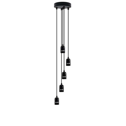 5-Light Cluster Pendant – 120 mm Rose, Adjustable Drops, E27 - Matt Black, No Shade, with 3 Wire Connectors, ST64 Bulb
