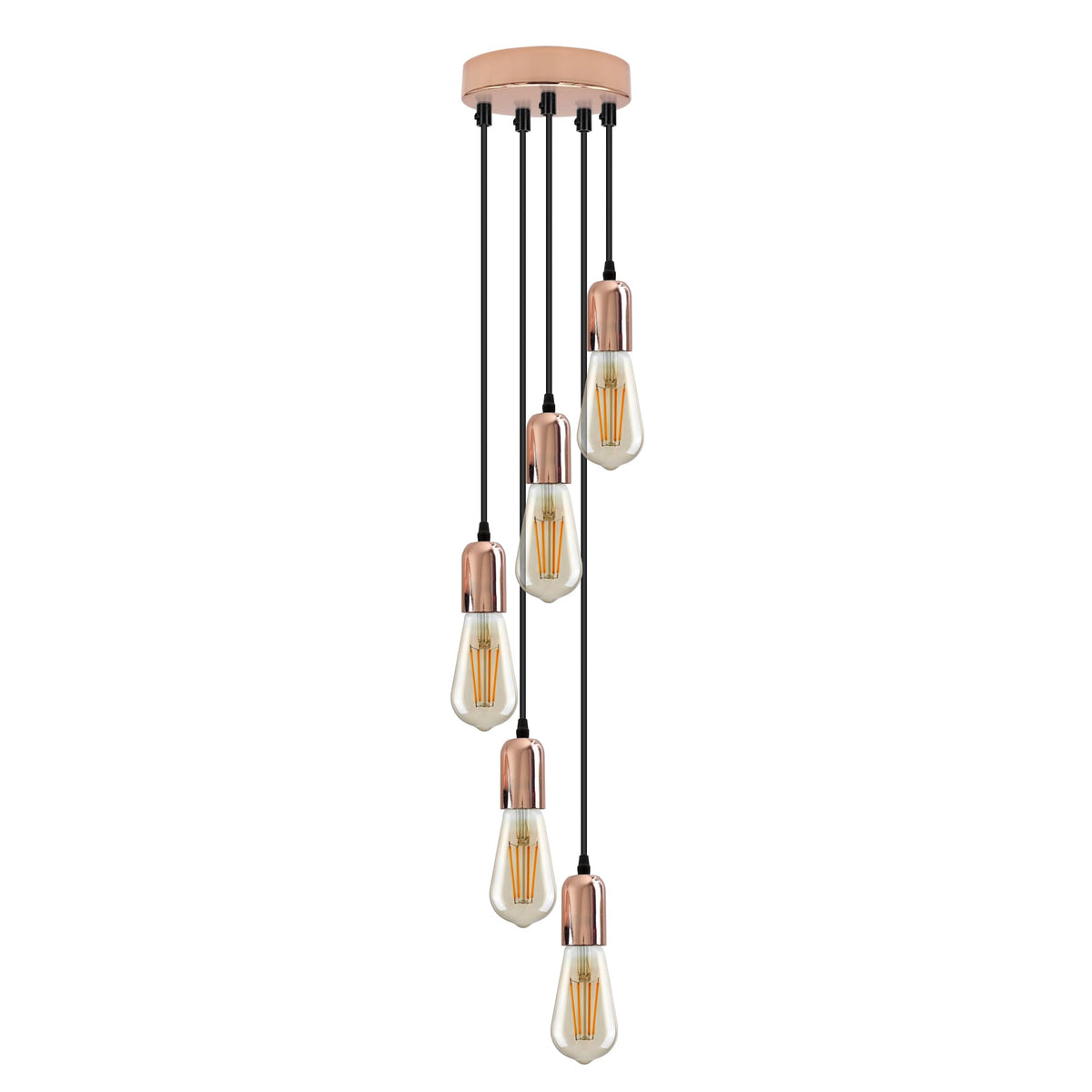 5-Light Cluster Pendant – 120 mm Rose, Adjustable Drops, E27 - Rose Gold, No Shade, ST64 Bulb