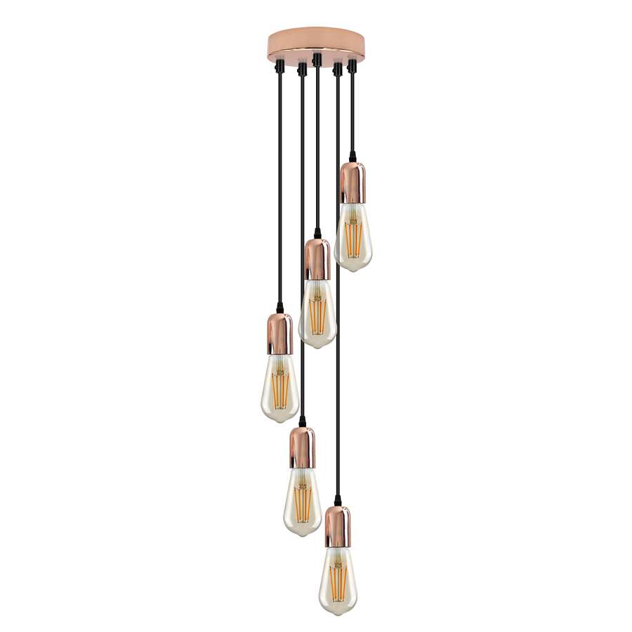 5-Light Cluster Pendant – 120 mm Rose, Adjustable Drops, E27 - Rose Gold, No Shade, with 3 Wire Connectors, ST64 Bulb