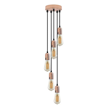 5-Light Cluster Pendant – 120 mm Rose, Adjustable Drops, E27 - Rose Gold, No Shade, with 3 Wire Connectors, ST64 Bulb