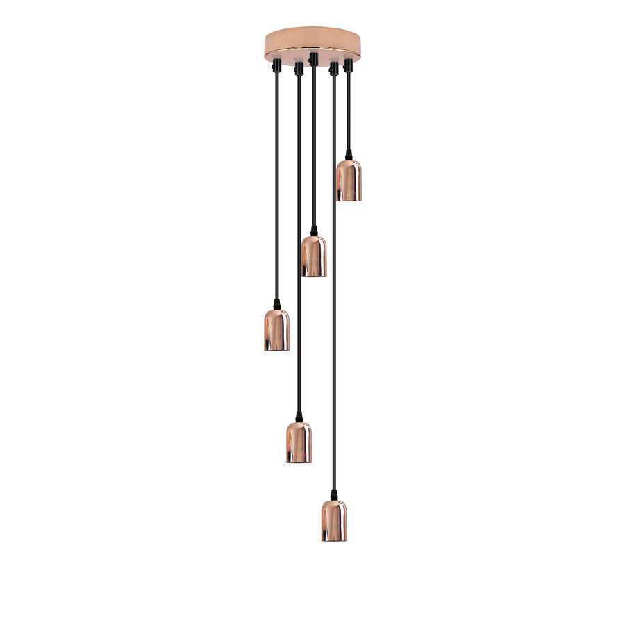 5-Light Cluster Pendant – 120 mm Rose, Adjustable Drops, E27 - Rose Gold, No Shade, Without Bulb