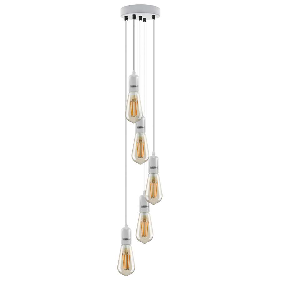 5 Light Cluster Pendant – White, 12 cm Rose, E27, Staggered - White, No Shade, ST64 Bulb