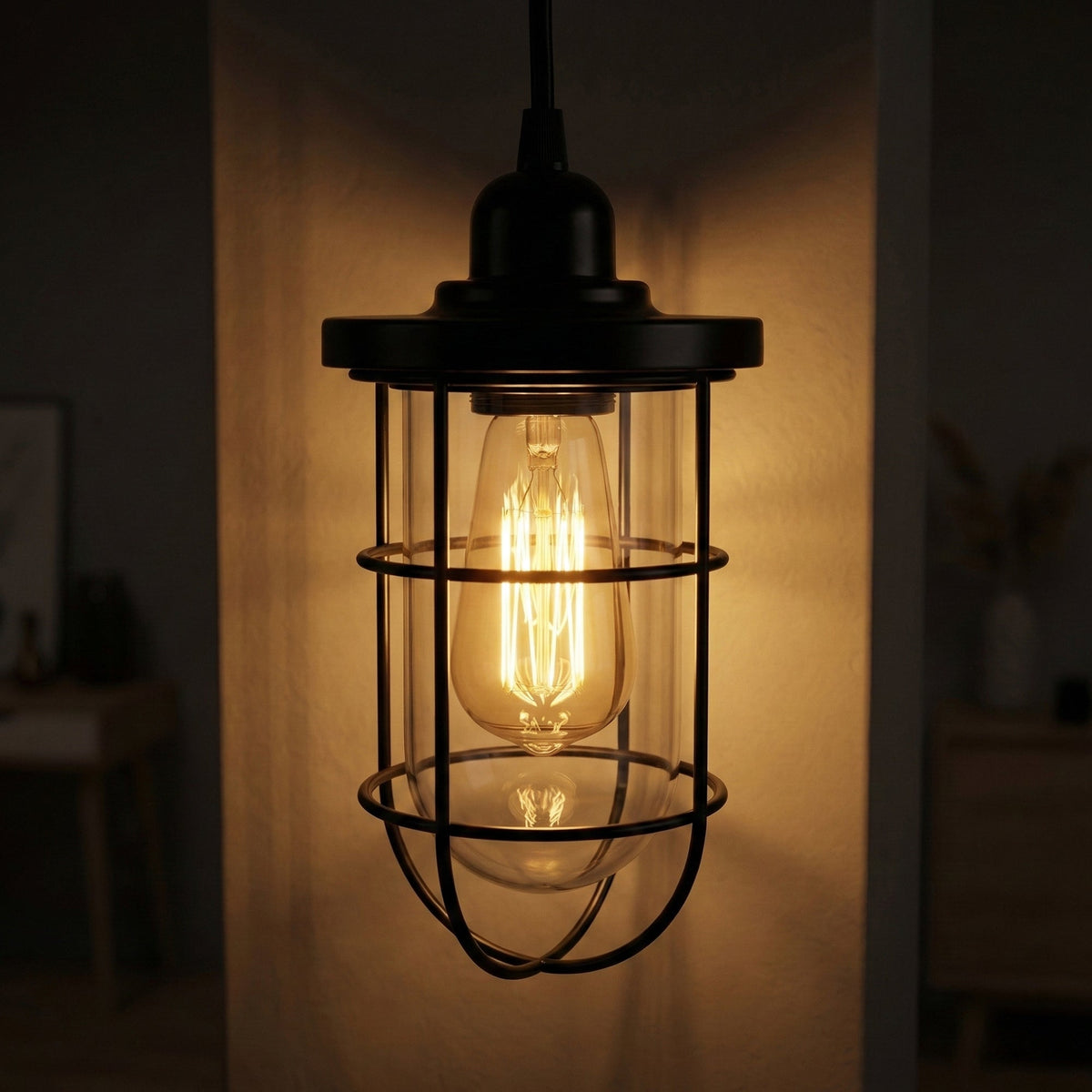 Industrial Cage Ceiling Light with Clear Glass Shade E27