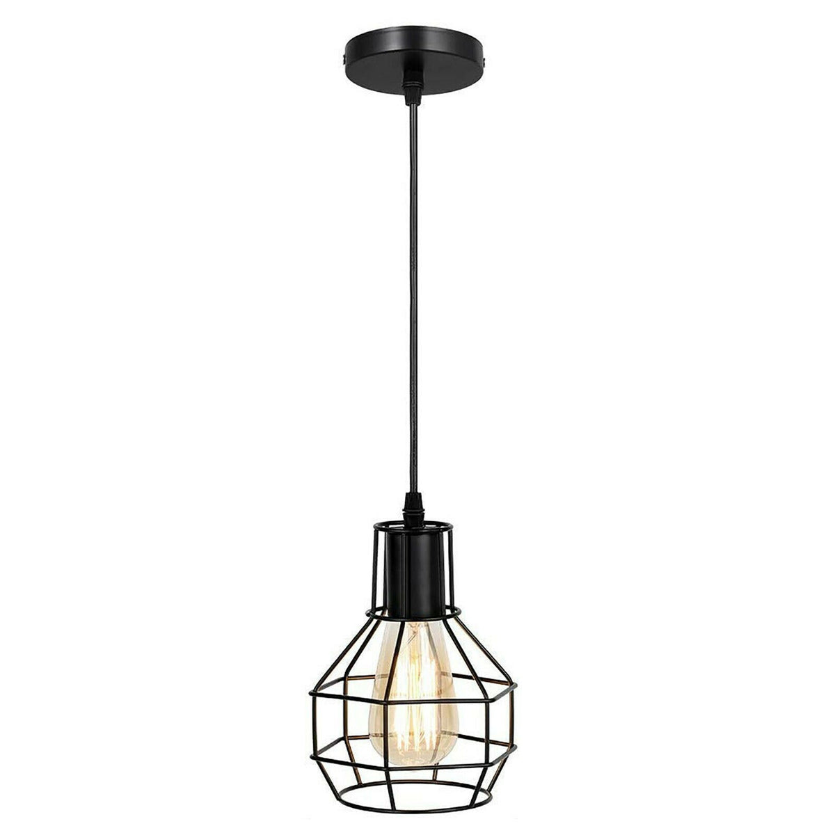 Cage Pendant Light – Rubber Cable, Optional Chain, E27, 4 Finishes - Black, Cage, Without Bulb