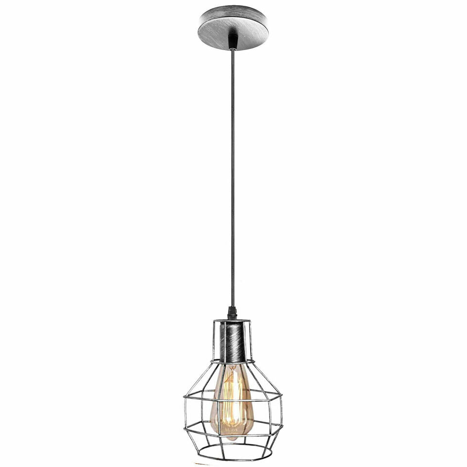 Cage Pendant Light – Rubber Cable, Optional Chain, E27, 4 Finishes - Brushed Silver, Cage, Without Bulb