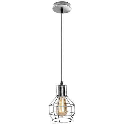Cage Pendant Light – Rubber Cable, Optional Chain, E27, 4 Finishes - Brushed Silver, Cage, Without Bulb