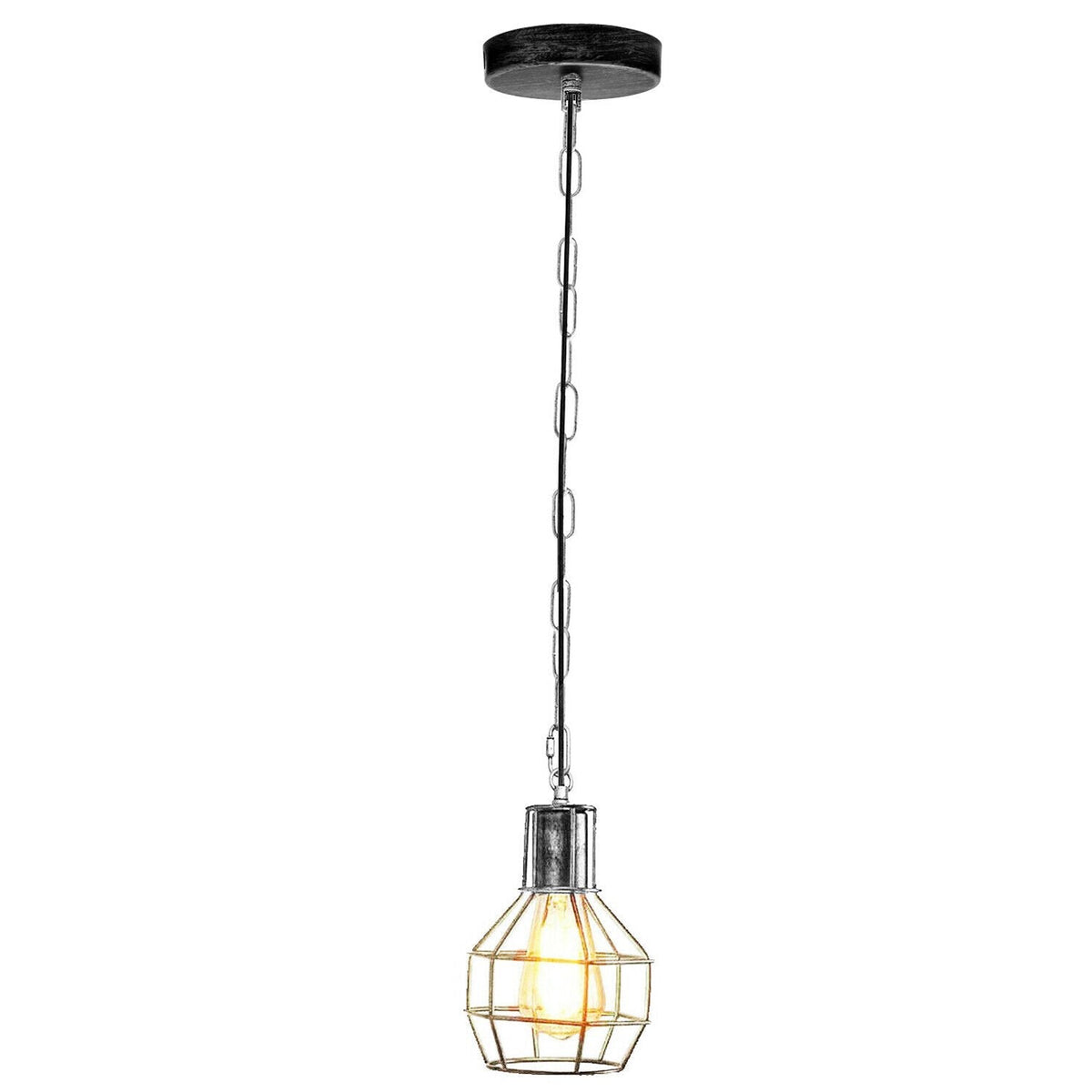 Cage Pendant Light – Rubber Cable, Optional Chain, E27, 4 Finishes - Brushed Silver, Cage with 90 cm Chain, Without Bulb