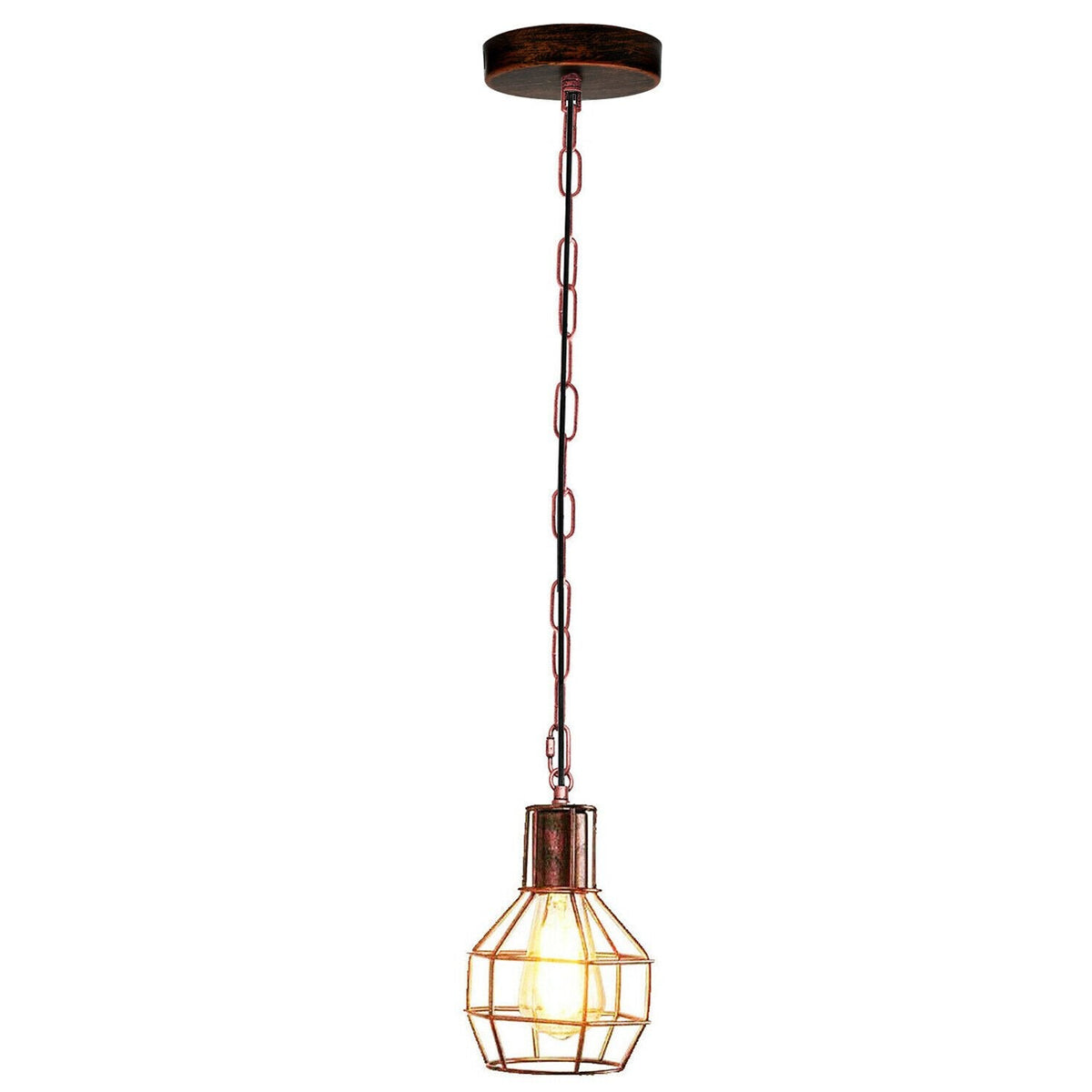 Cage Pendant Light – Rubber Cable, Optional Chain, E27, 4 Finishes - Rustic Red, Cage with 90 cm Chain, Without Bulb
