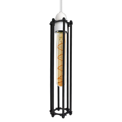 Long Cylinder Cage Lamp Shade 30 cm – Black or Brushed Brass - Black, with Reducer Ring, Single