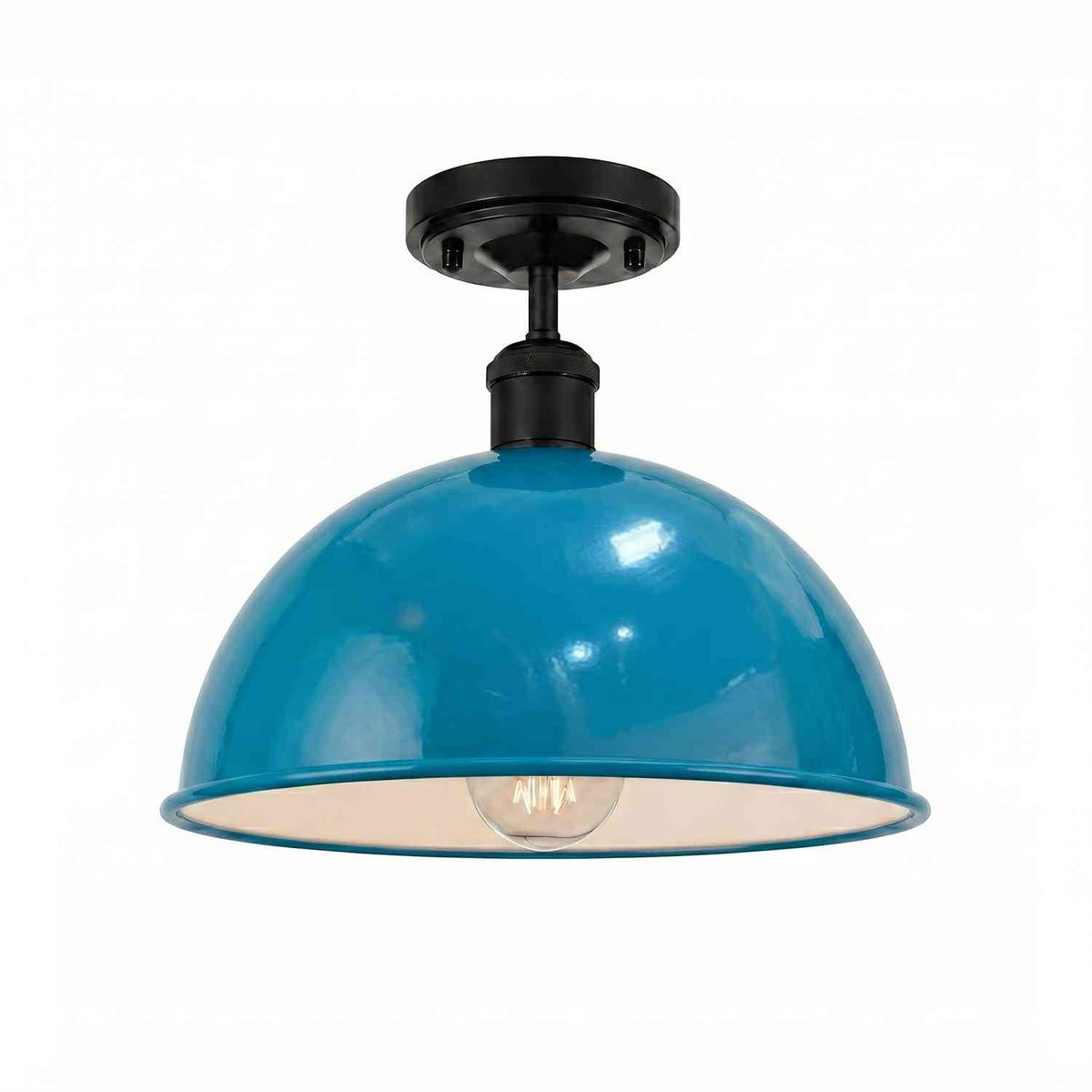 Industrial Semi-Flush Ceiling Light – E27, Dome or Flat Shade - Black, Dome 30 cm Cyan Blue, Without Bulb