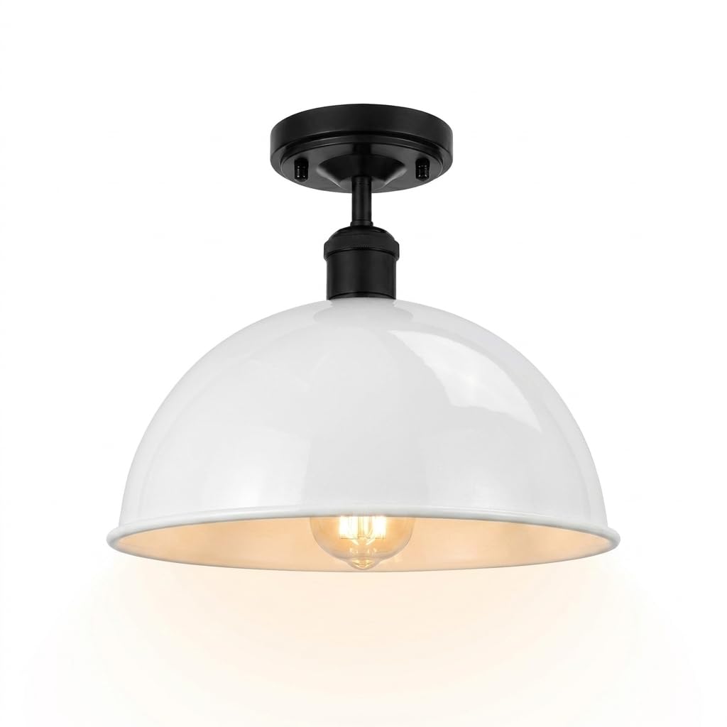 Industrial Semi-Flush Ceiling Light – E27, Dome or Flat Shade - Black, Dome 30 cm White, Without Bulb