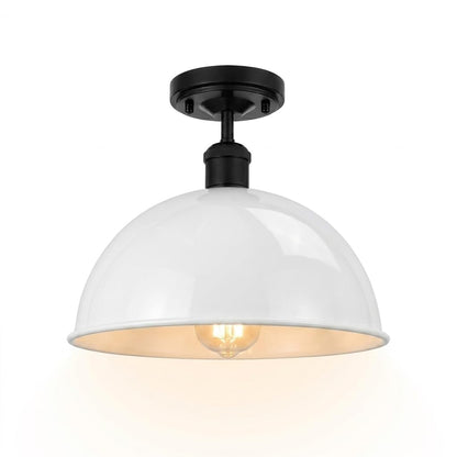 Industrial Semi-Flush Ceiling Light – E27, Dome or Flat Shade - Black, Dome 30 cm White, Without Bulb