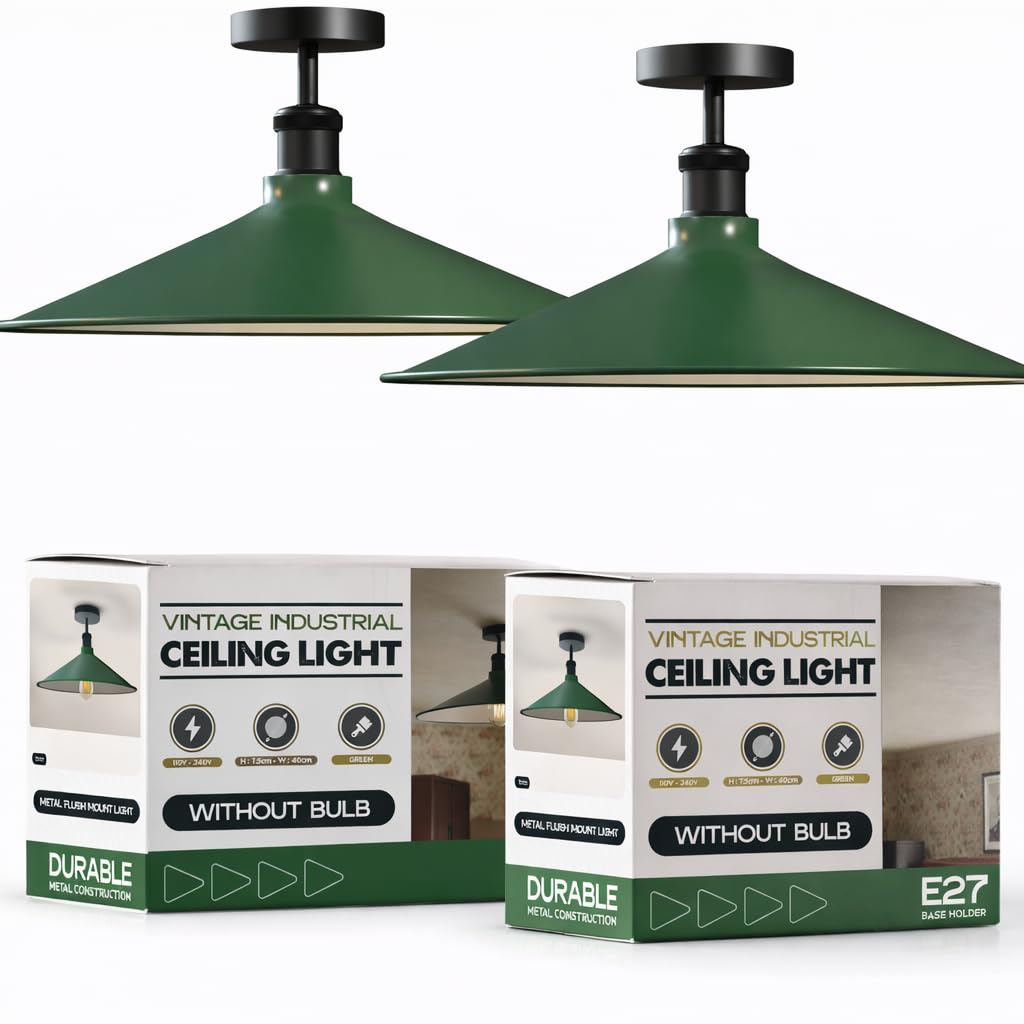 Industrial Semi-Flush Ceiling Light – E27, Dome or Flat Shade - Black, Flat 40 cm Green Pack of 2, Without Bulb