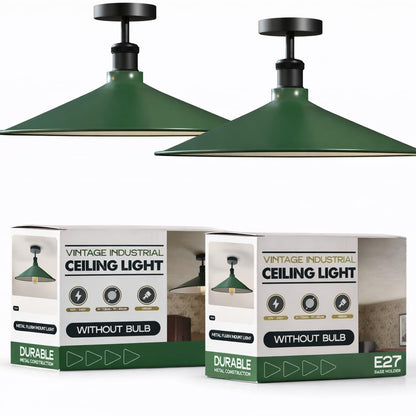 Industrial Semi-Flush Ceiling Light – E27, Dome or Flat Shade - Black, Flat 40 cm Green Pack of 2, Without Bulb