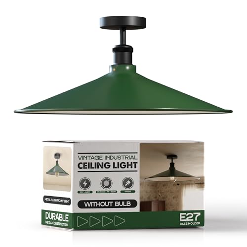 Industrial Semi-Flush Ceiling Light – E27, Dome or Flat Shade - Black, Flat 40 cm Green, Without Bulb