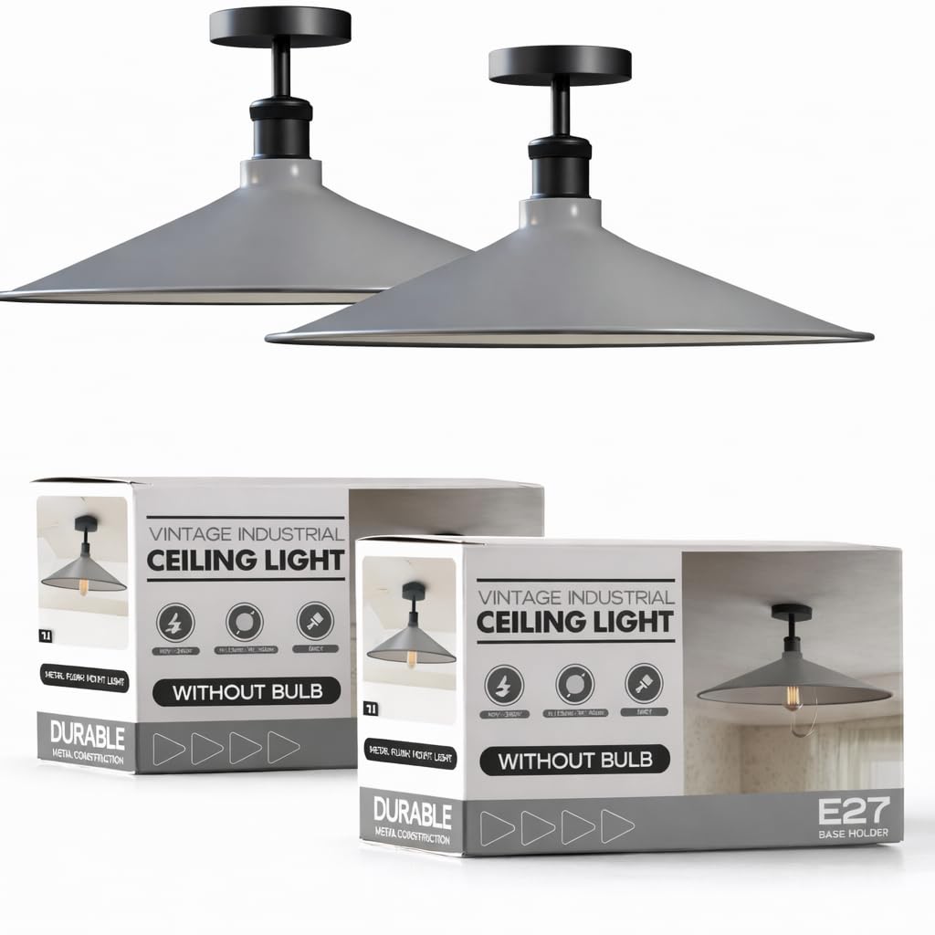Industrial Semi-Flush Ceiling Light – E27, Dome or Flat Shade - Black, Flat 40 cm Grey Pack of 2, Without Bulb