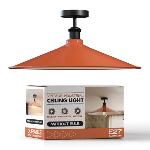 Industrial Semi-Flush Ceiling Light – E27, Dome or Flat Shade - Black, Flat 40 cm Orange, Without Bulb