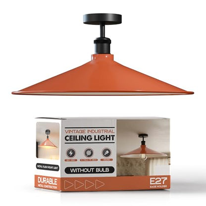 Industrial Semi-Flush Ceiling Light – E27, Dome or Flat Shade - Black, Flat 40 cm Orange, Without Bulb