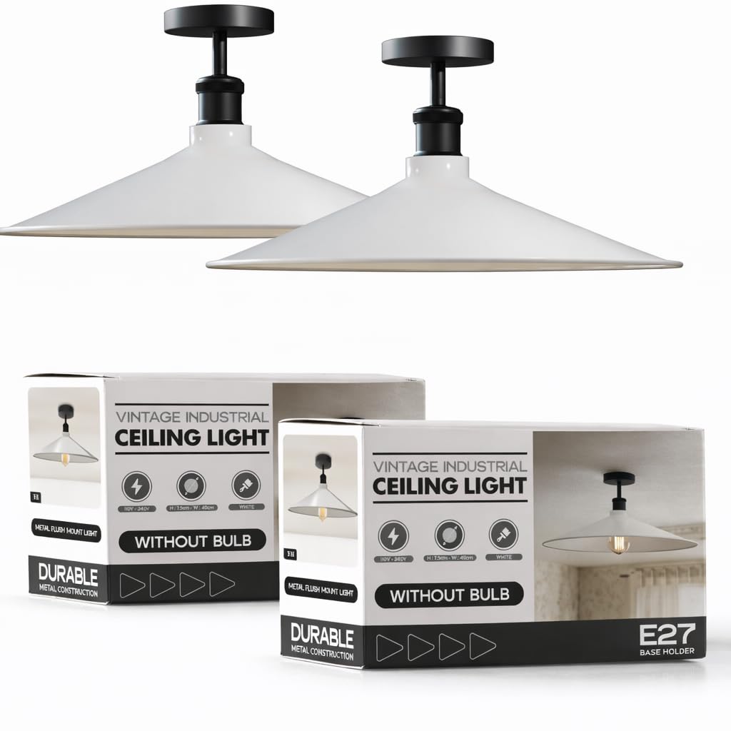 Industrial Semi-Flush Ceiling Light – E27, Dome or Flat Shade - Black, Flat 40 cm White Pack of 2, Without Bulb
