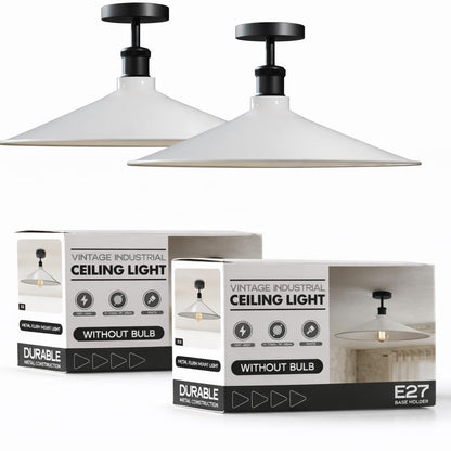 Industrial Semi-Flush Ceiling Light – E27, Dome or Flat Shade - Black, Flat 40 cm White Pack of 2, Without Bulb