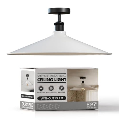 Industrial Semi-Flush Ceiling Light – E27, Dome or Flat Shade - Black, Flat 40 cm White, Without Bulb