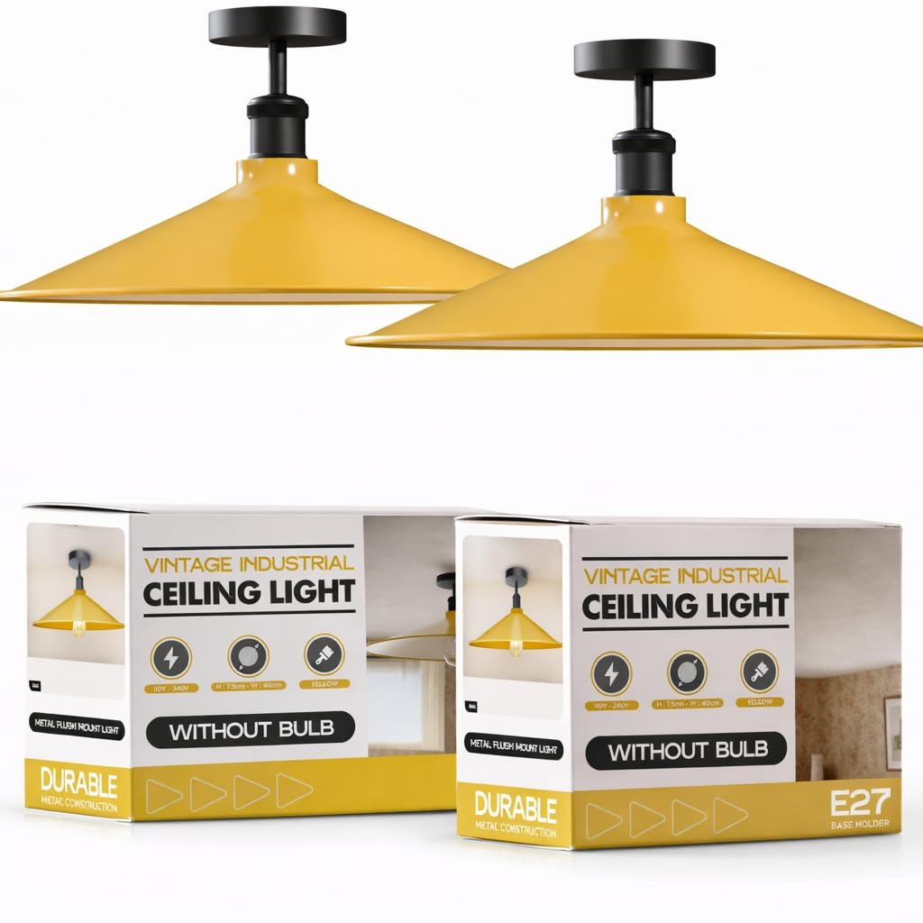 Industrial Semi-Flush Ceiling Light – E27, Dome or Flat Shade - Black, Flat 40 cm Yellow Pack of 2, Without Bulb