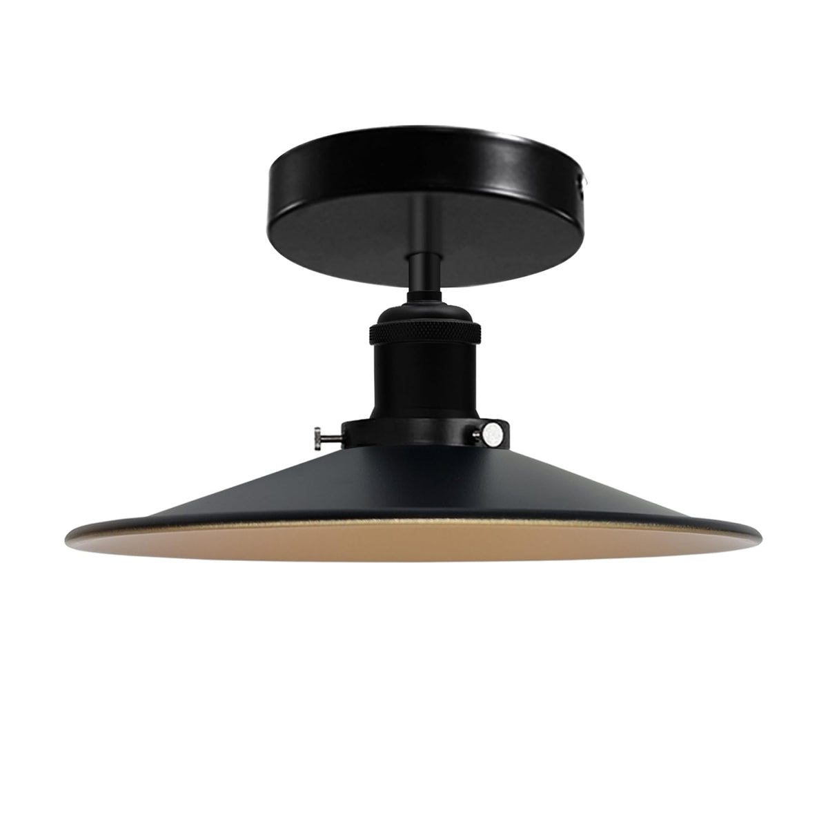 Industrial Semi-Flush Ceiling Light – E27, Dome or Flat Shade - Black, Flat Black & Gold 120 mm Rose Shade Ring, Without Bulb