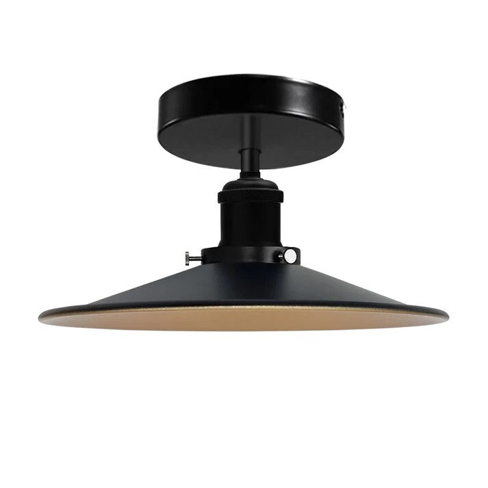 Industrial Semi-Flush Ceiling Light – E27, Dome or Flat Shade - Black, Flat Black & Gold Shade Ring, Without Bulb