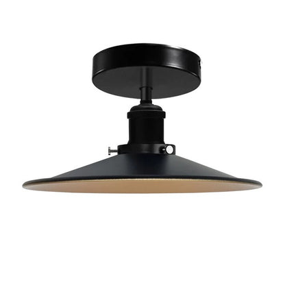 Industrial Semi-Flush Ceiling Light – E27, Dome or Flat Shade - Black, Flat Black & Gold Shade Ring, Without Bulb