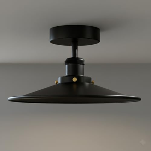 Industrial Semi-Flush Ceiling Light – E27, Dome or Flat Shade - Black, Flat Black Shade Ring, Without Bulb