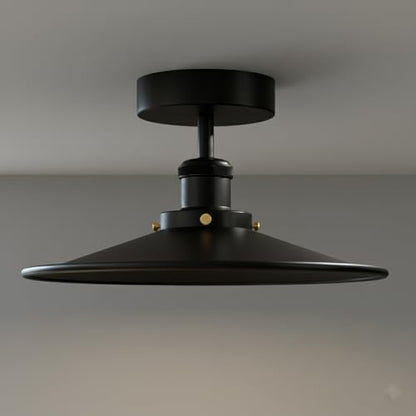 Industrial Semi-Flush Ceiling Light – E27, Dome or Flat Shade - Black, Flat Black Shade Ring, Without Bulb