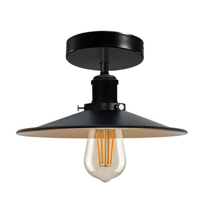 Industrial Semi-Flush Ceiling Light – E27, Dome or Flat Shade - Black, Flat Brushed Brass 120 mm Rose Shade Ring, Without Bulb