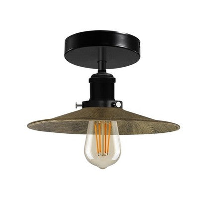 Industrial Semi-Flush Ceiling Light – E27, Dome or Flat Shade - Black, Flat Brushed Brass Shade Ring, Without Bulb