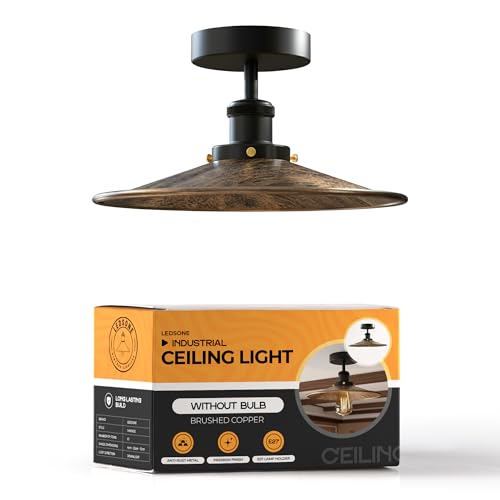 Industrial Semi-Flush Ceiling Light – E27, Dome or Flat Shade - Black, Flat Brushed Copper Shade Ring, Without Bulb