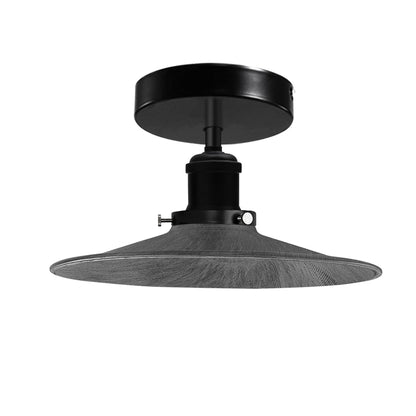 Industrial Semi-Flush Ceiling Light – E27, Dome or Flat Shade - Black, Flat Brushed Silver 120 mm Rose Shade Ring, Without Bulb