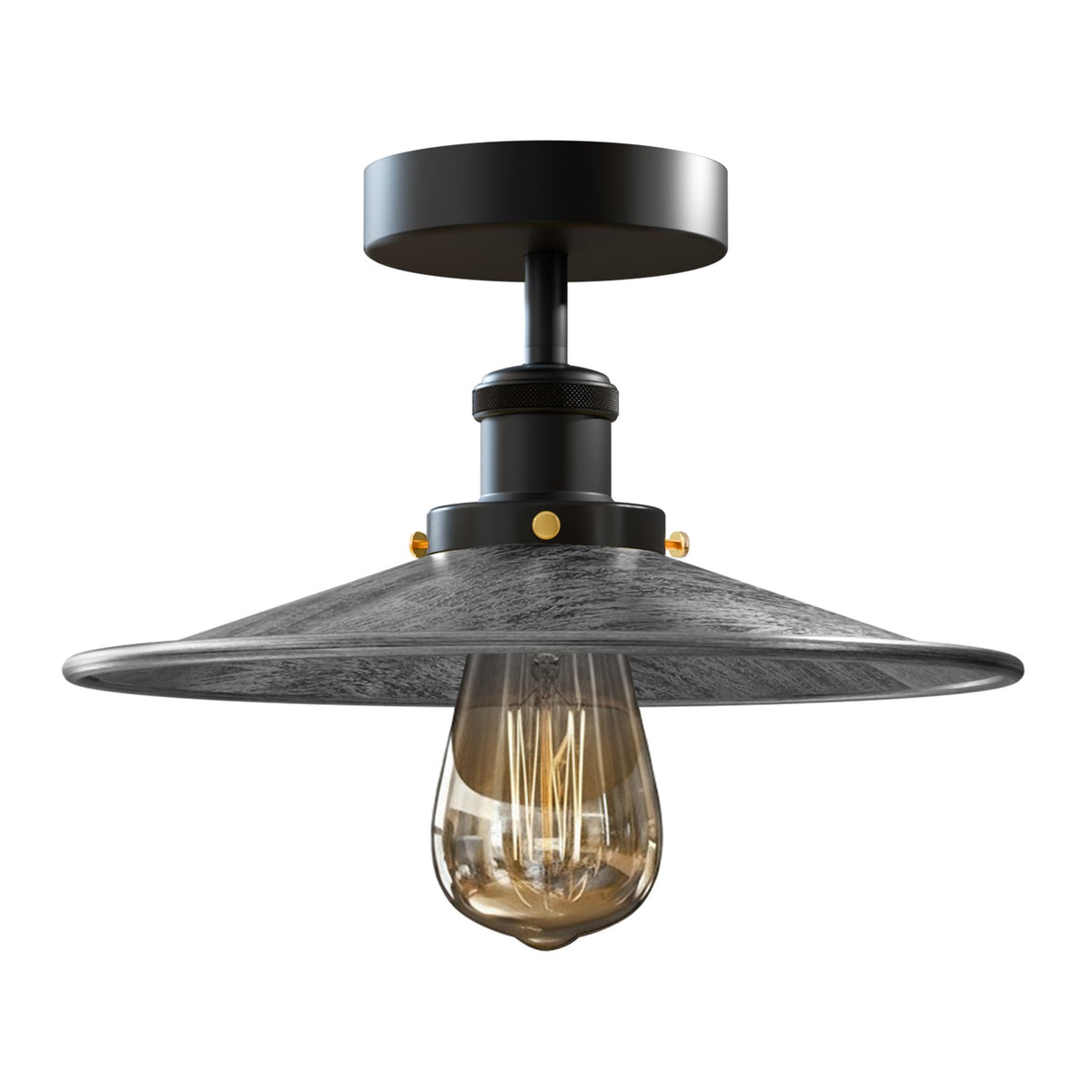 Industrial Semi-Flush Ceiling Light – E27, Dome or Flat Shade - Black, Flat Brushed Silver Shade Ring, Without Bulb