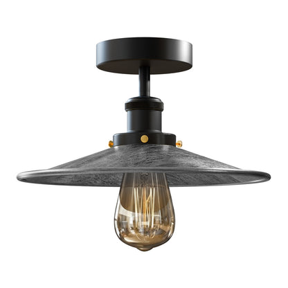 Industrial Semi-Flush Ceiling Light – E27, Dome or Flat Shade - Black, Flat Brushed Silver Shade Ring, Without Bulb