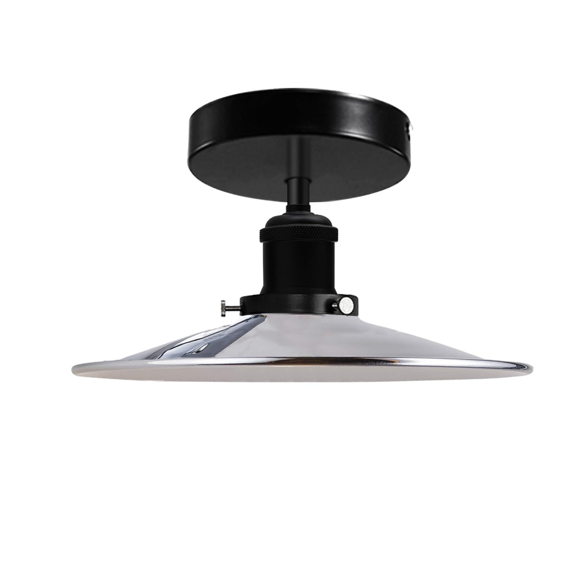 Industrial Semi-Flush Ceiling Light – E27, Dome or Flat Shade - Black, Flat Chrome 120 mm Rose Shade Ring, Without Bulb