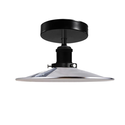Industrial Semi-Flush Ceiling Light – E27, Dome or Flat Shade - Black, Flat Chrome 120 mm Rose Shade Ring, Without Bulb