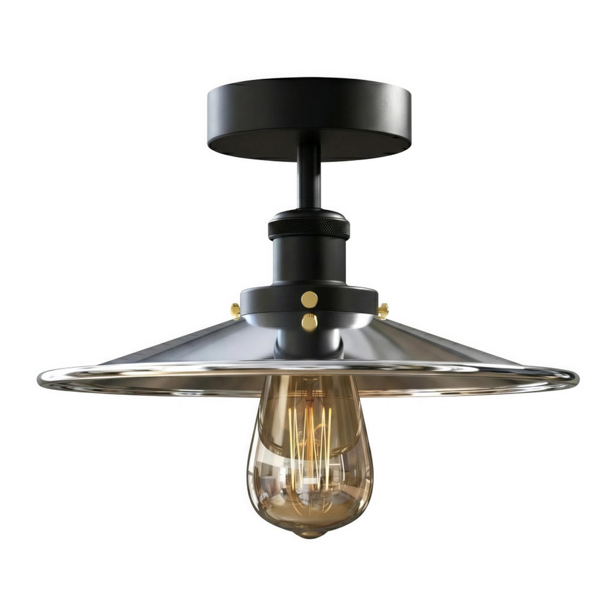Industrial Semi-Flush Ceiling Light – E27, Dome or Flat Shade - Black, Flat Chrome Shade Ring, Without Bulb