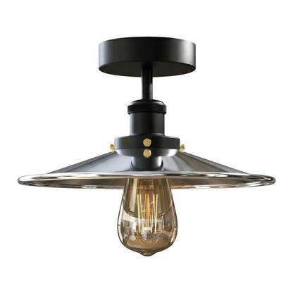 Industrial Semi-Flush Ceiling Light – E27, Dome or Flat Shade - Black, Flat Chrome Shade Ring, Without Bulb