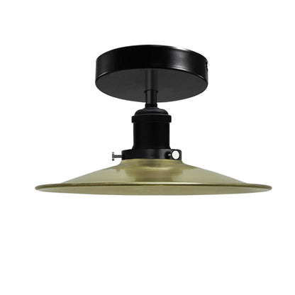 Industrial Semi-Flush Ceiling Light – E27, Dome or Flat Shade - Black, Flat Green Brass 120 mm Rose Shade Ring, Without Bulb