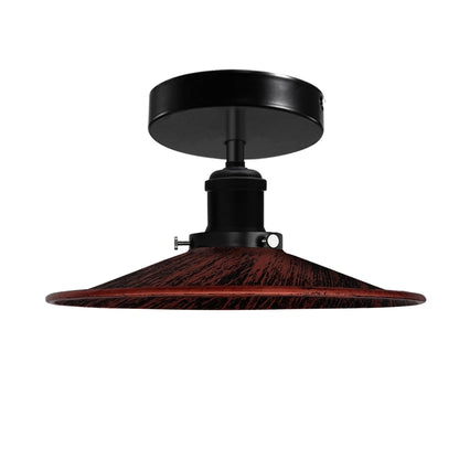 Industrial Semi-Flush Ceiling Light – E27, Dome or Flat Shade - Black, Flat Rustic Red 120 mm Rose Shade Ring, Without Bulb