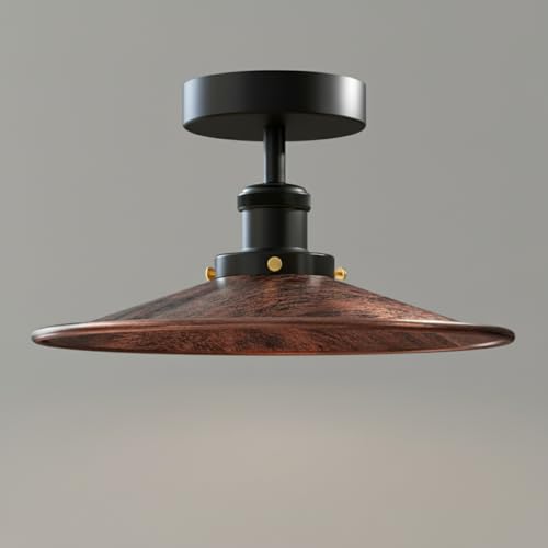 Industrial Semi-Flush Ceiling Light – E27, Dome or Flat Shade - Black, Flat Rustic Red Shade Ring, Without Bulb