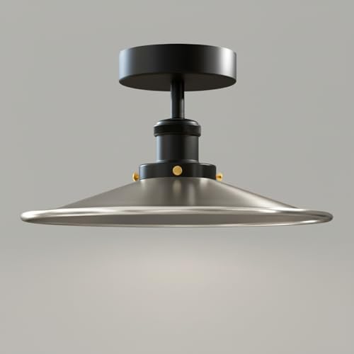 Industrial Semi-Flush Ceiling Light – E27, Dome or Flat Shade - Black, Flat Satin Nickel Shade Ring, Without Bulb