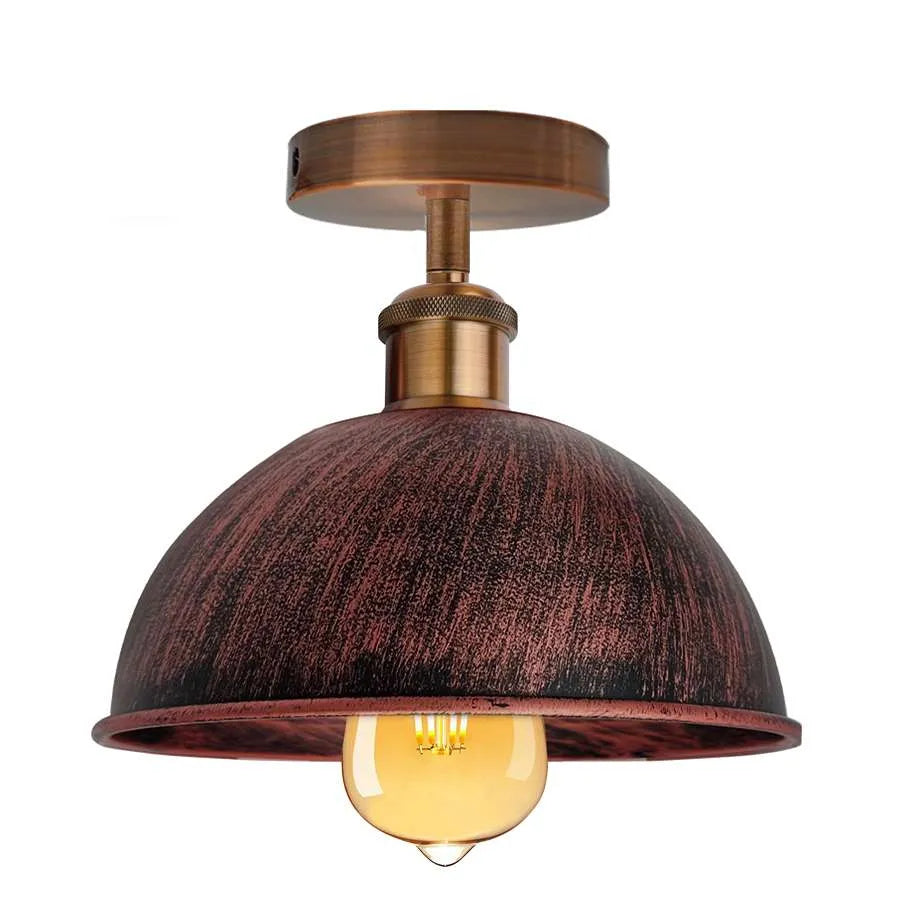 Industrial Semi-Flush Ceiling Light – E27, Dome or Flat Shade - Copper, Dome 21 cm Rustic Red, Without Bulb